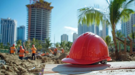 Bright Red Construction Helmet on Wood Plank at a Busy Construction Site with Skyscrapers in Background Under Clear Blue Sky