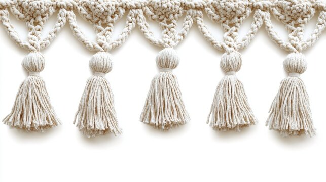 Cream cotton macrame trim with tassels. Perfect for adding bohemian style to crafts or home decor.