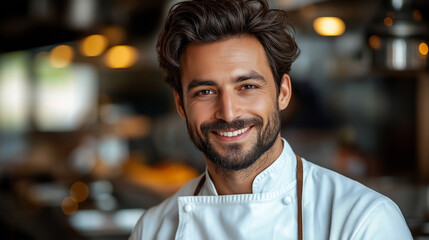 Obraz premium Smiling Chef in Restaurant: A captivating portrait of a skilled chef in a professional kitchen, radiating confidence and expertise. The image focuses on his warm smile.