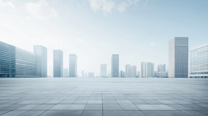 A vast car plaza with modern skyscrapers under a pale blue sky. Featuring calmness and innovation