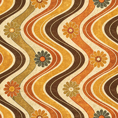 Fototapeta premium Retro floral pattern with wavy lines in warm colors seamless pattern
