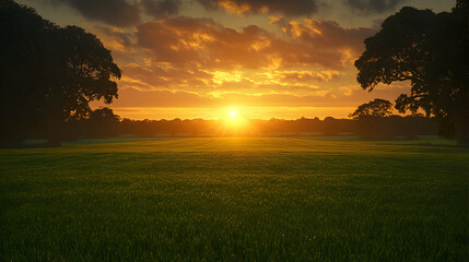 Serene sunset over a vast, golden field with silhouetted trees.  A peaceful and idyllic rural landscape.