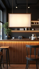 Blank menu board sign hanging in empty restaurant bar eatery cafe shop interior Modern Contemporary Food Retail Service Industry Architecture Mockup
