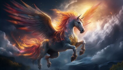 fiery-winged unicorn soars through stormy, celestial. Stormborne Pegasus. Generative AI © kola