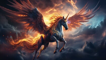 Obraz premium fiery-winged unicorn soars through stormy, celestial. Stormborne Pegasus. Generative AI