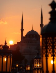 Naklejka premium Mosque at Sunset with Lanterns Casting Warm Glow Istanbul Turkey