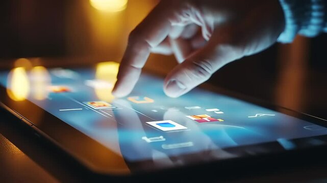 A close-up of a finger interacting with a touchscreen displaying various icons.