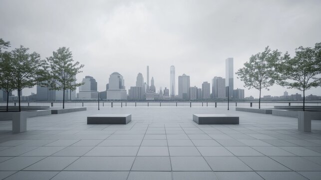 A peaceful urban plaza with a skyline under overcast skies. Featuring mood and serenity