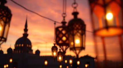 Illuminated Lanterns and Mosque at Sunset Creating Ramadan Ambiance