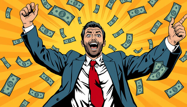 Portrait of a happy businessman standing near a wall with dollar bills falling around him. Financial success celebrating with money, income tax, pop art retro  - Powered by Adobe