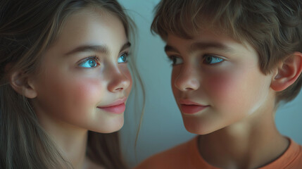 Obraz premium Whispers of Innocence: A portrait captures the tender gazes exchanged between a boy and girl. Their faces are illuminated, showcasing a bond, full of youthful curiosity.