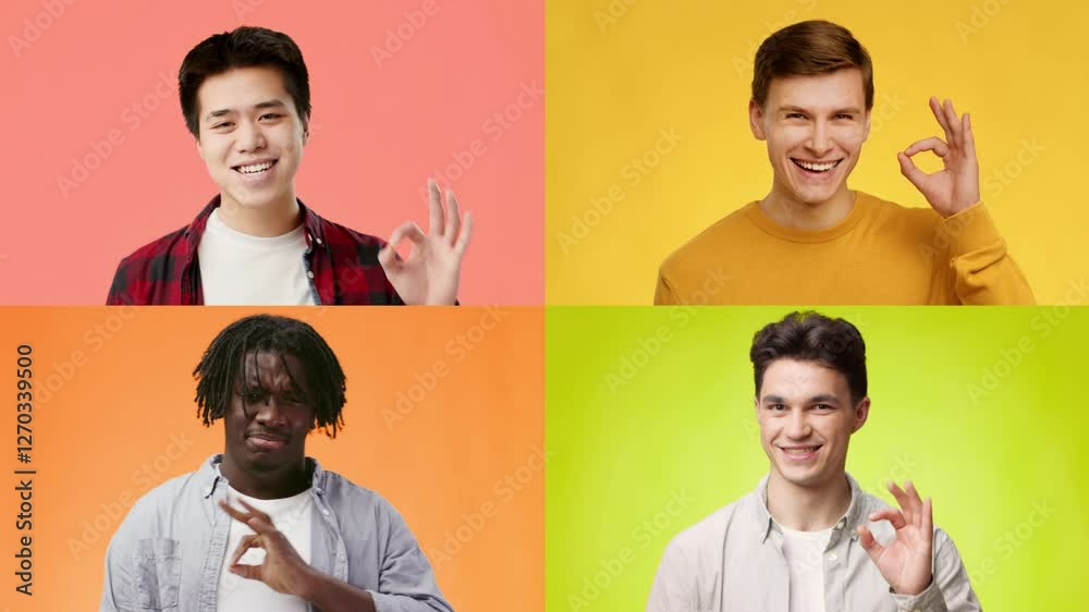 Poster four men of different backgrounds actively engaging with cheerful expressions and hand gestures, sho