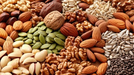 Naklejka premium Assorted nuts and seeds scattered on a wooden board, including almonds, walnuts, and sunflower seeds.