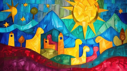 Obraz premium Vibrant Mosaic Landscape with Sun and Mountains in Bold Colors