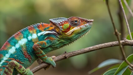 Panther Chameleon on Branch: A vibrant panther chameleon, showcasing its iridescent scales of teal, orange, and red, perches on a slender branch in a lush, tropical setting.