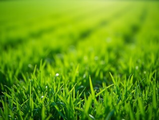 Freshly mowed lawn with visible diagonal stripes, showcasing the rich texture of green grass blades, in detailed close-up under a sunny day.