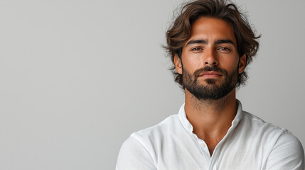 Obraz premium Handsome Man's Portrait: A captivating portrait of a handsome man with striking features, displaying confidence, allure, and charisma, against a soft backdrop.