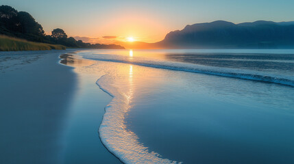 Golden Hour's Embrace: The serene seashore under the stunning sunrise. Waves gently caress the sandy beach, with the horizon mirroring the warmth of the sky.