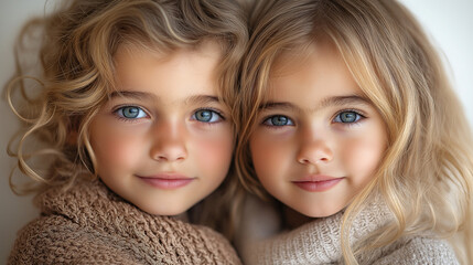 Radiant Duo: Captivating portraits of two beautiful young girls with striking blue eyes, soft blonde hair, and a heartwarming aura, portraying a serene moment of shared connection and innocence.