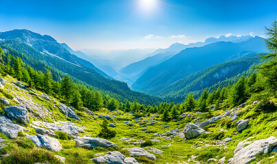 Obraz premium Majestic alpine panorama showcasing lush green valleys, rocky terrain, and towering mountain peaks under a vibrant blue sky. Perfect for travel, nature, or adventure publications.