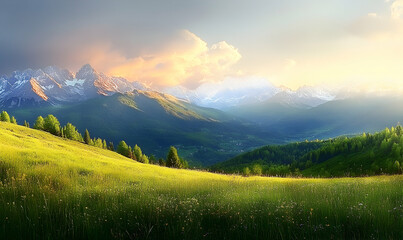 Serene sunrise over majestic mountains and lush green valley. Breathtaking alpine landscape at golden hour.