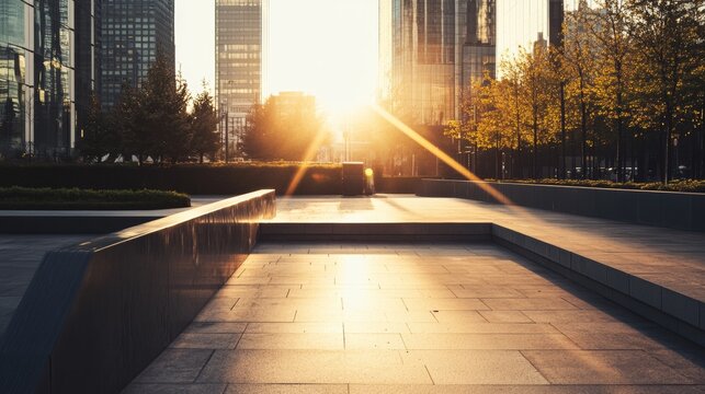A quiet city plaza with a skyline at golden hour. Featuring warmth and optimism