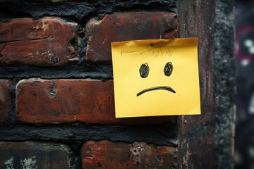 Urban Grit: A yellow sticky note with a sad face drawn in rough black ink, slightly curled at the edges, stuck on an aged, red brick wall. 