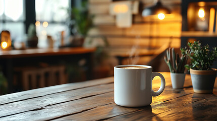 Fototapeta premium Morning Brew in Cozy Cafe: A steaming cup of coffee sits invitingly on a rustic wooden table in a warm, inviting cafe setting, evoking feelings of comfort and relaxation.