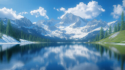 Fototapeta premium Majestic Reflections: Snow-capped mountains pierce the sky as they are mirrored perfectly in the serene water of a mountain lake, evoking a sense of wonder. 