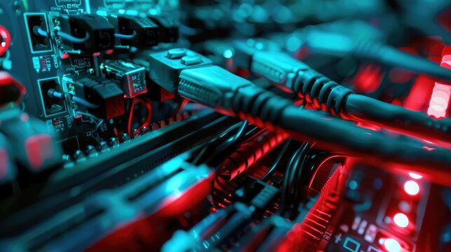 High-Tech Network Connections in Server Room with Cables and Data Lights