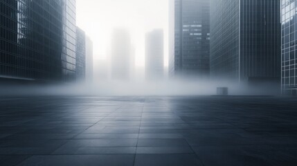 A vast car plaza with skyscrapers under rolling mist and soft sunlight. Featuring mystery and tranquility