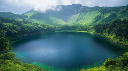 Emerald Waters: A stunning mountain lake, encircled by verdant hills and lush foliage, reflects the sky in its serene waters. This image is a testament to the planet's natural wonders.