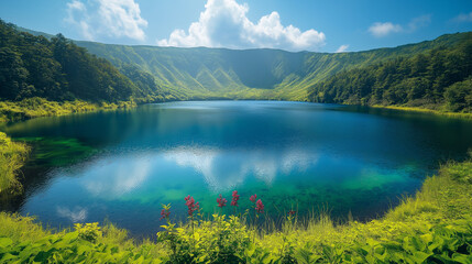 Paradise Found: Serene Blue Lake Surrounded by Lush Greenery: This breathtaking image captures a stunning lake with crystal-clear blue water.