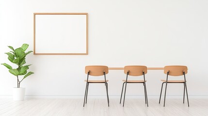 Minimalistic interior design featuring three chairs, a blank frame, and a potted plant