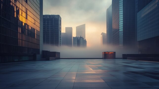 A vast car plaza with skyscrapers under swirling mist and golden light. Featuring mystery and elegance