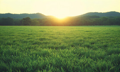 Fototapeta premium Serene sunset over a vast, lush green field, rolling hills in the background. Peaceful landscape photo.