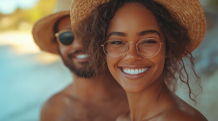 Sun-Kissed Serenity: A radiant couple, embracing the bliss of a beachside getaway, share a sun-drenched moment, capturing the joy, love, and connection of an idyllic escape.