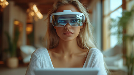 Vision of the Future: A modern young woman wearing advanced virtual reality glasses, immersed in a futuristic world.