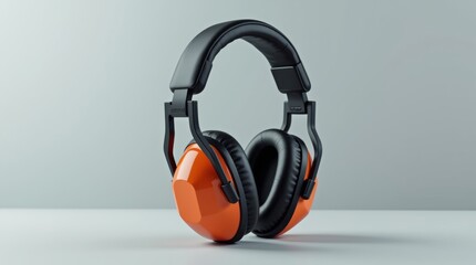 Industrial-style ear protection headphones with orange accents, positioned on a neutral grey background, emphasizing the ear cushions and sleek design.