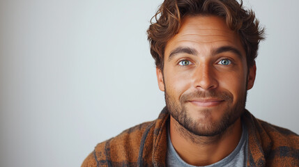 Obraz premium The Gaze of Confidence: A portrait of a charismatic man whose captivating eyes and warm smile exude self-assurance and approachability, conveying a sense of relaxed charm.