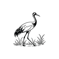 Black and White Heron Bird Silhouette with Grass – Vector Illustration