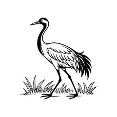 Black and White Heron Bird Silhouette with Grass – Vector Illustration