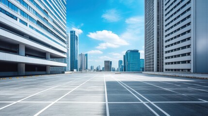 A vast car plaza with sleek skyscrapers and a bright blue sky. Featuring openness and clarity