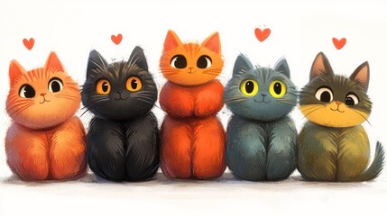 Fototapeta premium Five cute kittens sitting, white background, hearts, illustration, pet card
