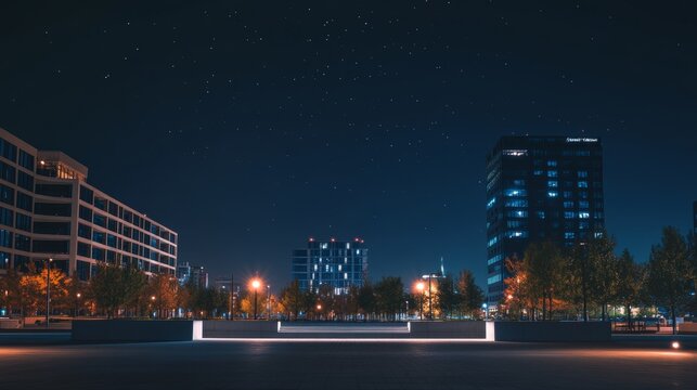 A quiet city plaza with a skyline under clear night skies. Featuring calm and elegance