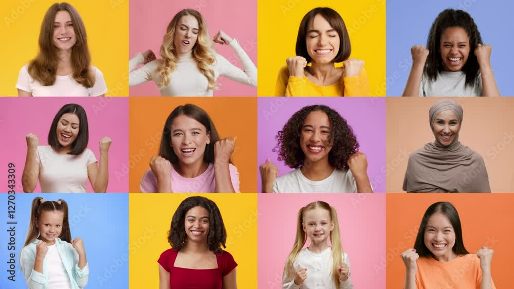 Poster a diverse group of happy women is joyfully expressing their excitement with enthusiastic gestures. e