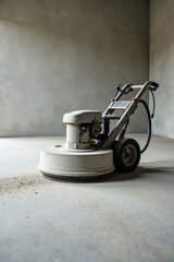 Fototapeta premium A heavy-duty floor grinder machine sits on a newly poured concrete floor, leaving behind a trail of fine dust particles.