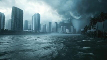 Extreme weather conditions with a violent hurricane over a city, symbolizing climate change impact.