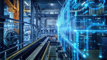 Fototapeta premium Modern Industrial Factory with Digital Technology Overlay
