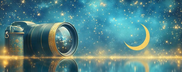 A camera stands prominently before a celestial starry moonscape